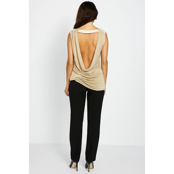 Marciano Gold Beige Sheer Draped Open Back Silk Tunic Top Silk Neckline Medium - Picture 1 of 8